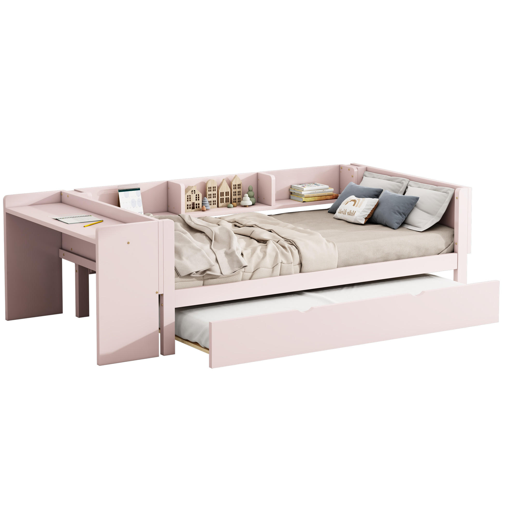 BETT 90/200 cm Rosa mit Ausziehbett, Schreibtisch und 3 Regalen - Rosa, Holz (90/200cm) - Flora Grace