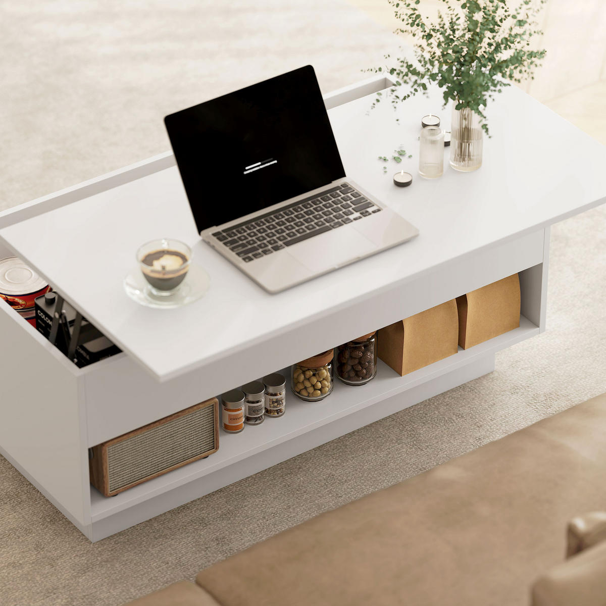 COUCHTISCH DE-15807 klappbare Platte mit 2 Schubladen Weiß - Weiß, Holzwerkstoff (100/50/58cm) - ComfortXL