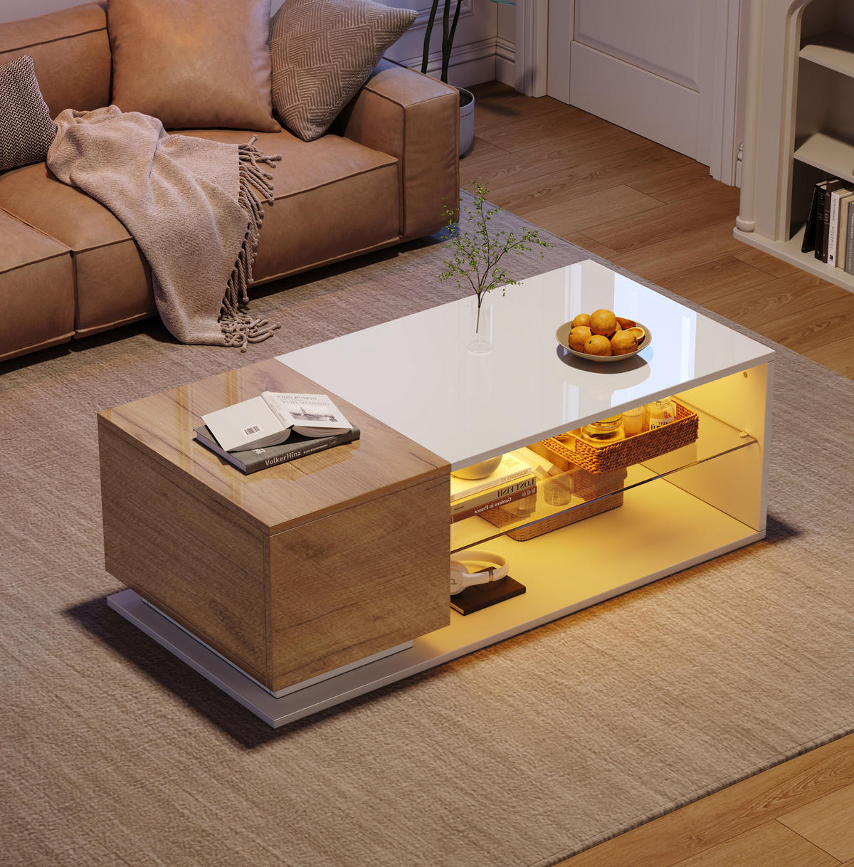 COUCHTISCH 105/50/36 cm mit LED-Beleuchtung, Stauraum und Hochglanzoberfläche, Weiß/Holzfarbe - Weiß, Holzwerkstoff (105/50/36cm) - Modfu