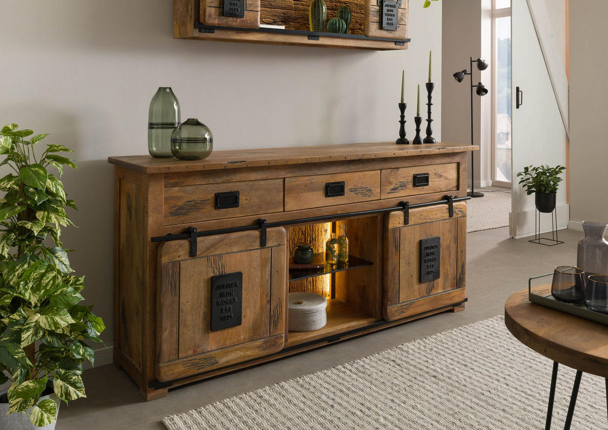 SIDEBOARD Mango / Altholz 180x45x90 natur lackiert RAILWAY LUX #102 - Braun, Holz (180/90/45cm) - Massivmoebel24