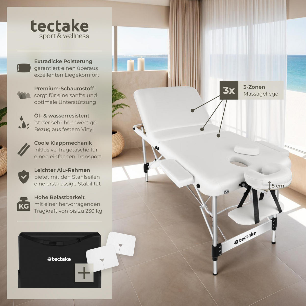 MASSAGELIEGE 3 Zonen Phuket,212 x 103 x 90 cm,weiß - Weiß, Metall (103/90/212cm) - tectake