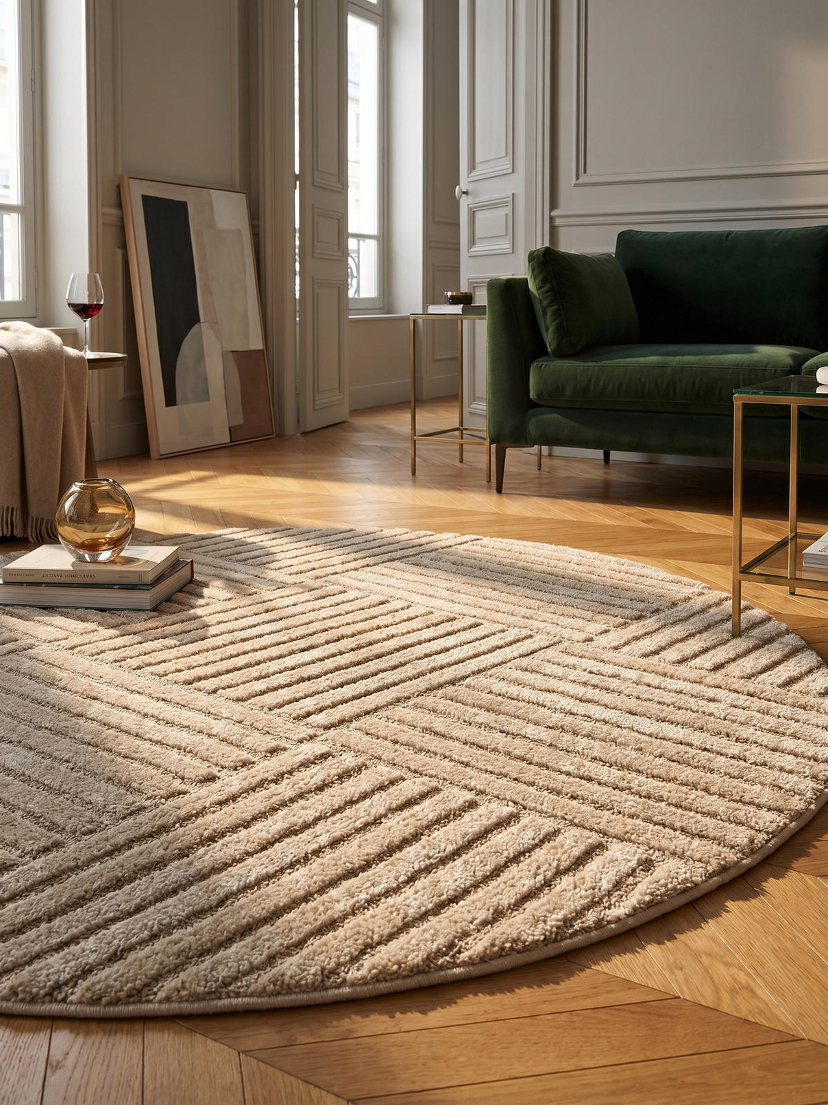 TEPPICH Hochflor RIGI in Beige, mit Cord-Streifen-Patchwork, Ø 160 cm - Beige, Textil (160/160cm) - KADIMA DESIGN