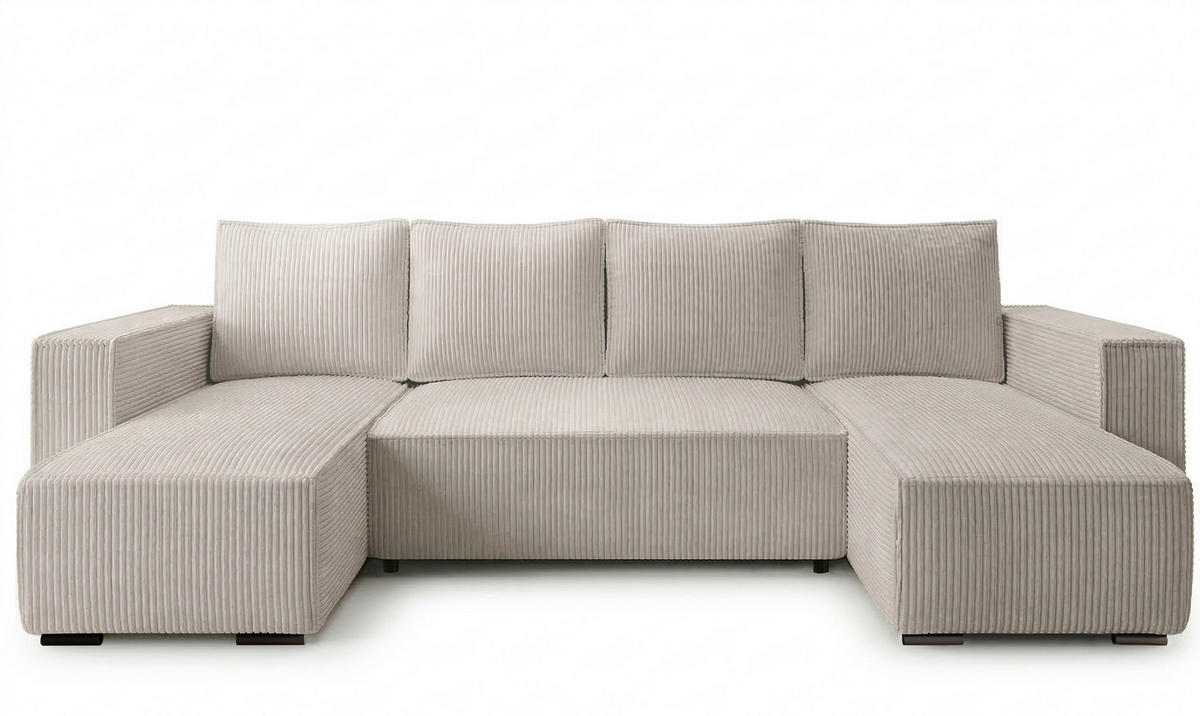 WOHNLANDSCHAFT CUDDY Umit Schlaffunktion und Bettkasten, Farbe: Hellbeige, Cordstoff - Beige, Textil (305/85/140cm) - Storez24