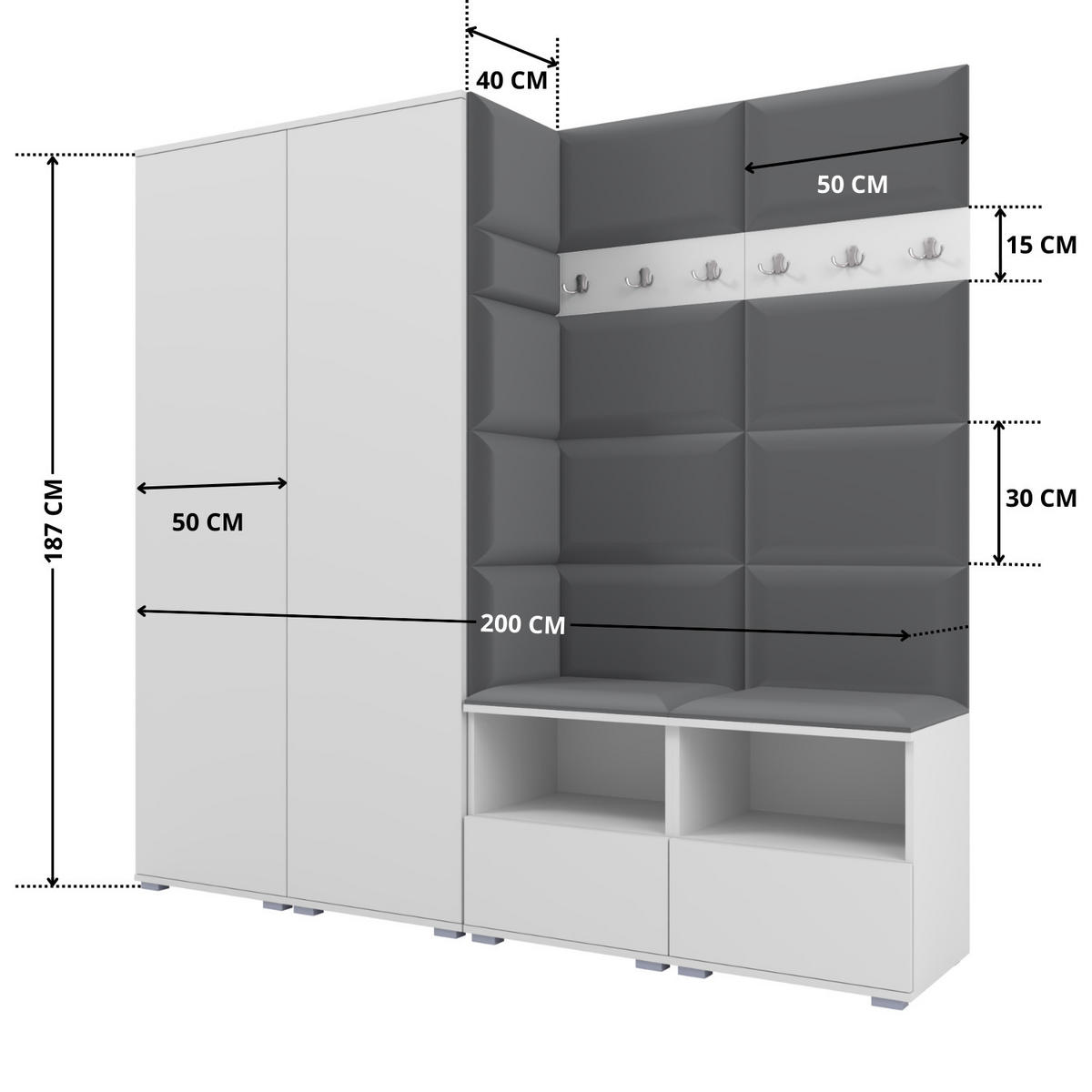 GARDEROBE NELA VI 200 cm (Kompaktgarderobe Weiß mit Sitzpolster Dunkelgrau 15 Schrank & Paneel) - Dunkelgrau/Silberfarben, Holz/Holzwerkstoff (200/187/40cm) - Ravio