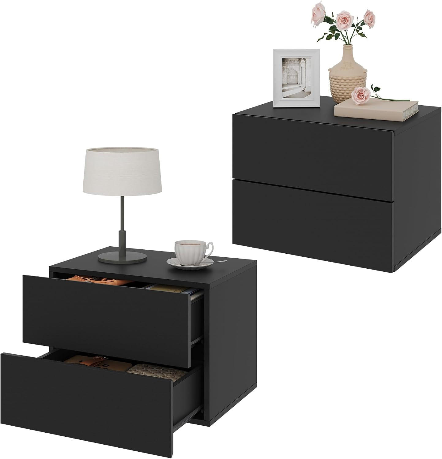 NACHTTISCH 2er Set hängend, mit 2 Schubladen, 40x30x30 cm, Schwarz - Schwarz, Holzwerkstoff (40/30/30cm) - Woltu