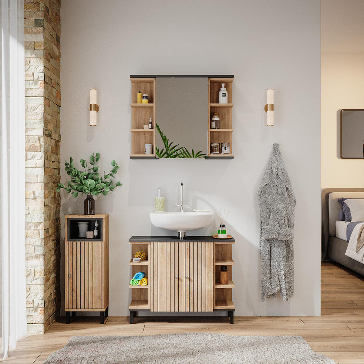BADMÖBEL-SET Aquis Sonoma 3 Teile - Anthrazit/Sonoma Eiche, Holzwerkstoff (79.6/64/32cm) - Vicco