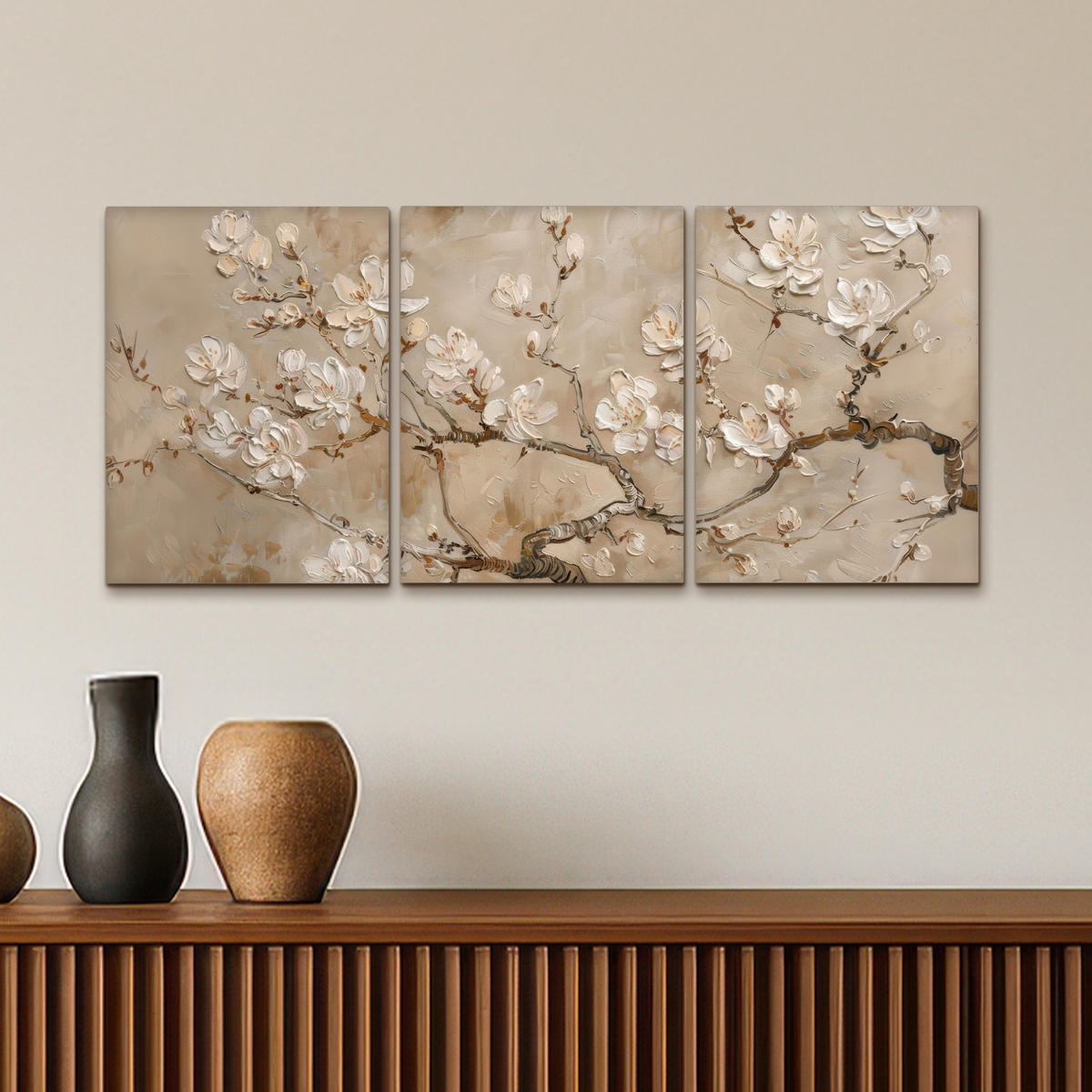 LEINWANDBILD 3er Set Beige - Blüte - Modern 90x40 cm - Greige, Textil (90/40cm) - MuchoWow