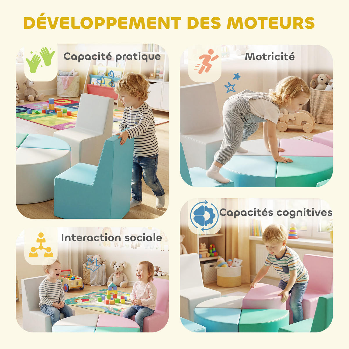 MOTORIKSPIEL DE-18218 modular, 8-teilig, als Tisch & Hocker nutzbar Bunt - Multicolor, Kunststoff (150/50/150cm) - ComfortXL