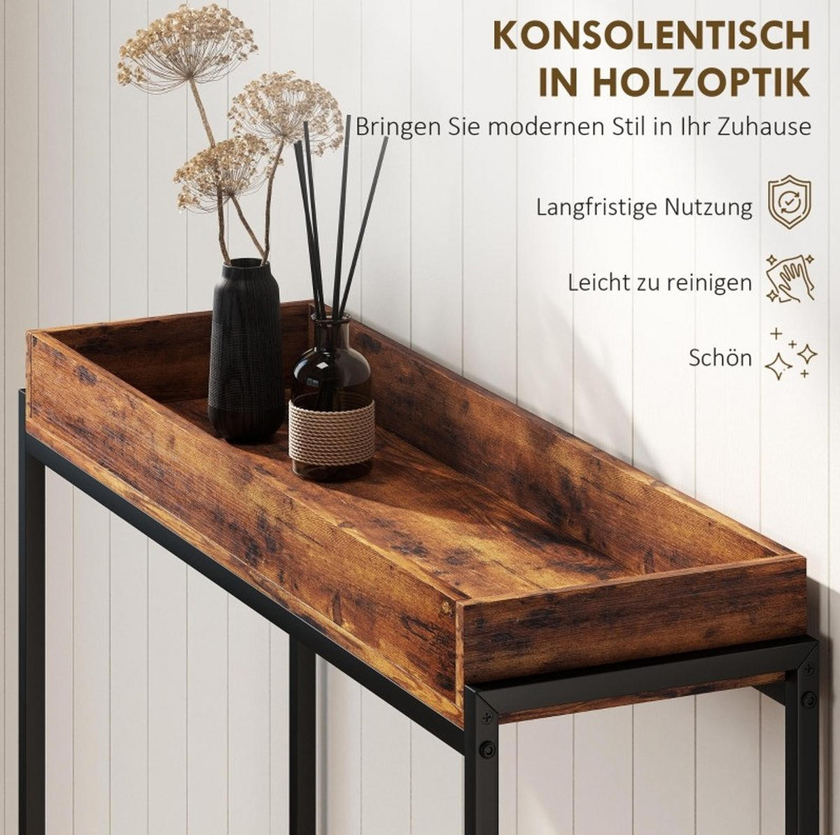KONZOLOVÝ stolek ze dřeva 100x30x91 cm rustikálně hnědý s ochrannými bočnicemi a stabilní konstrukcí - hnědá, dřevo (30/100/91cm) - Modfu