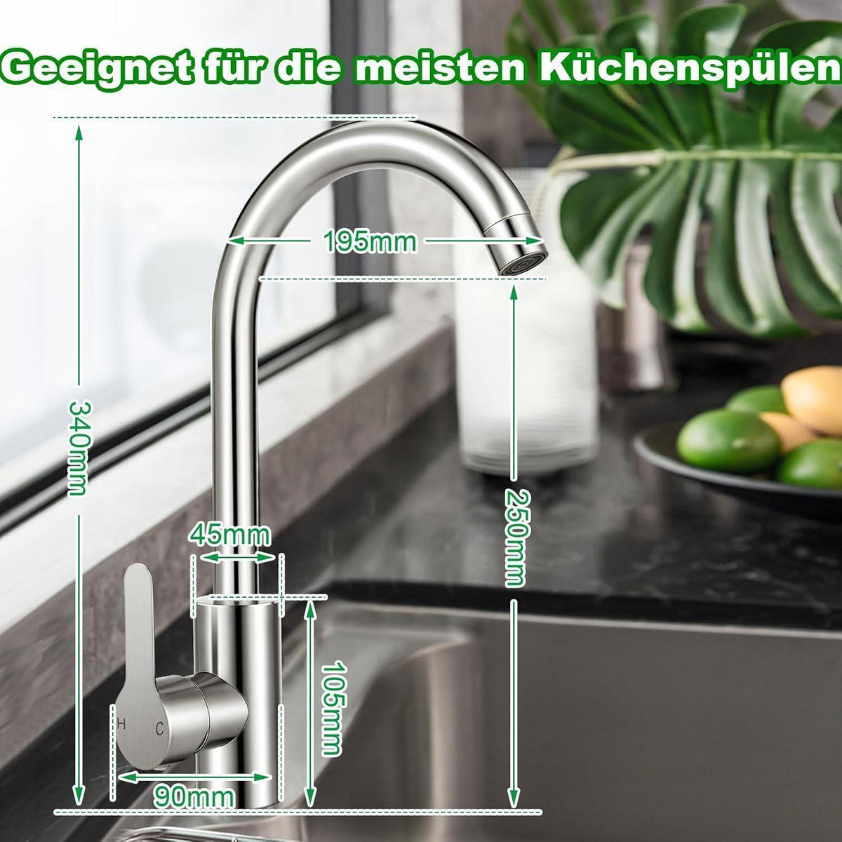 KÜCHENARMATUR 360° drehbar mit Schläuchen Edelstahl Hochdruck - Silberfarben, Metall (18/5/32cm)