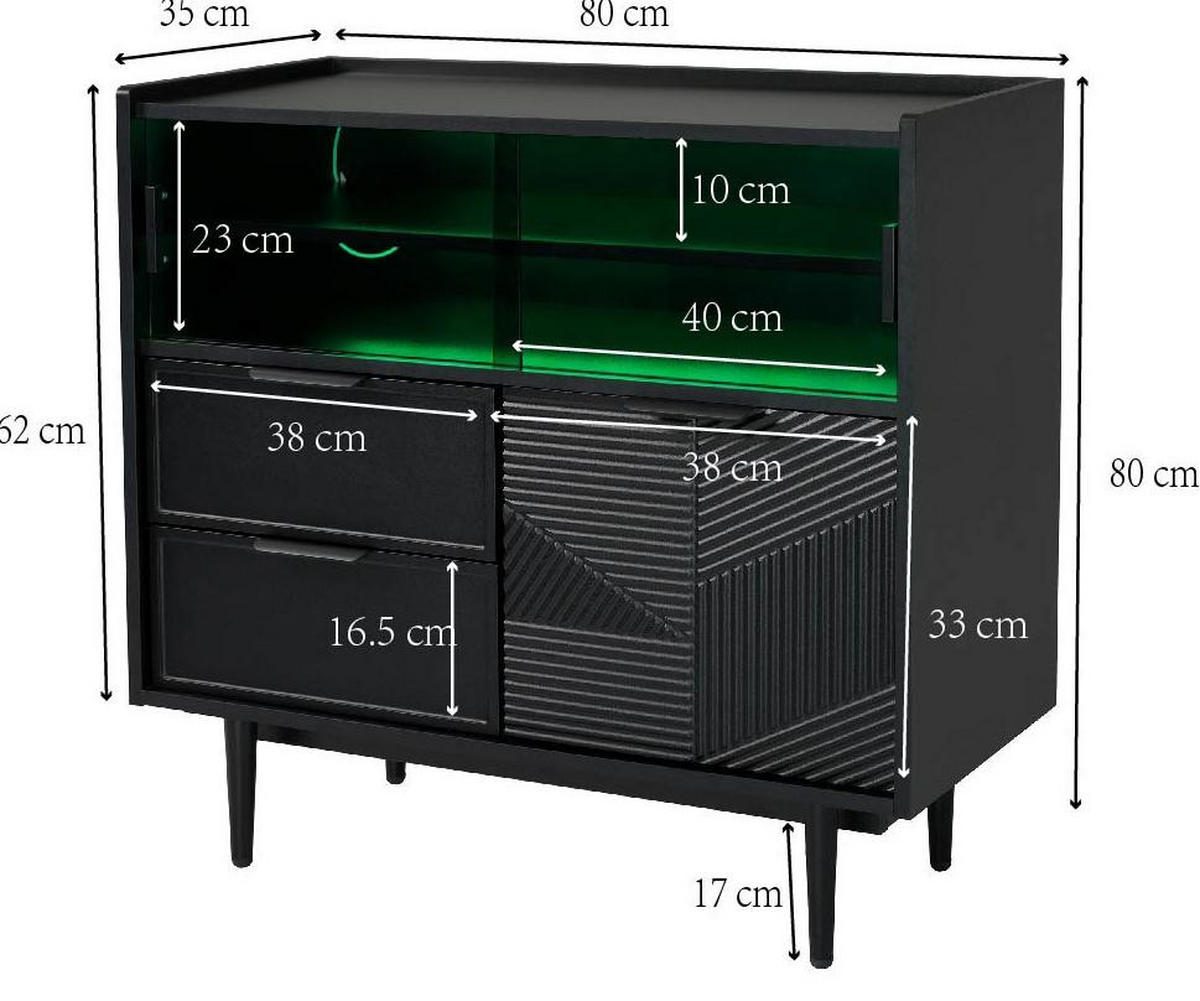 SIDEBOARD 80 cm in Schwarz mit Glastür und LED-Beleuchtung - Schwarz, Holzwerkstoff (80/80/35cm) - Flora Grace