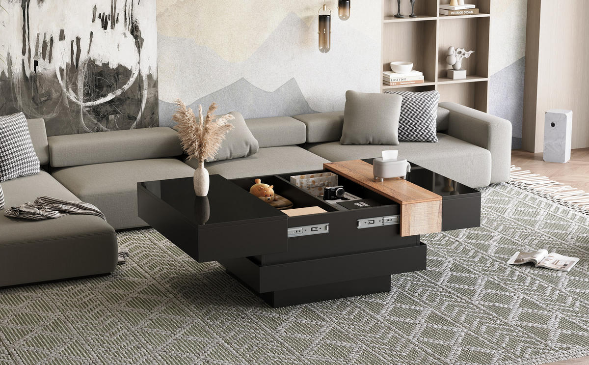 COUCHTISCH mit ausziehbarer Platte & Stauraum, MDF/PB, Schwarz-Holz Optik, Hochglanz, 70/70/39 cm,Schwarz - Schwarz, Holzwerkstoff (70/70/39cm) - Redom