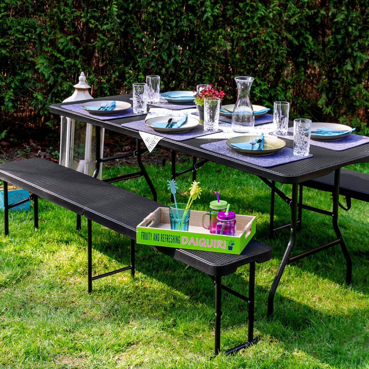 GARTENTISCH für 8 Personen 180/74/74 cm mit 2 Bänken - Schwarz, Kunststoff - Amanka