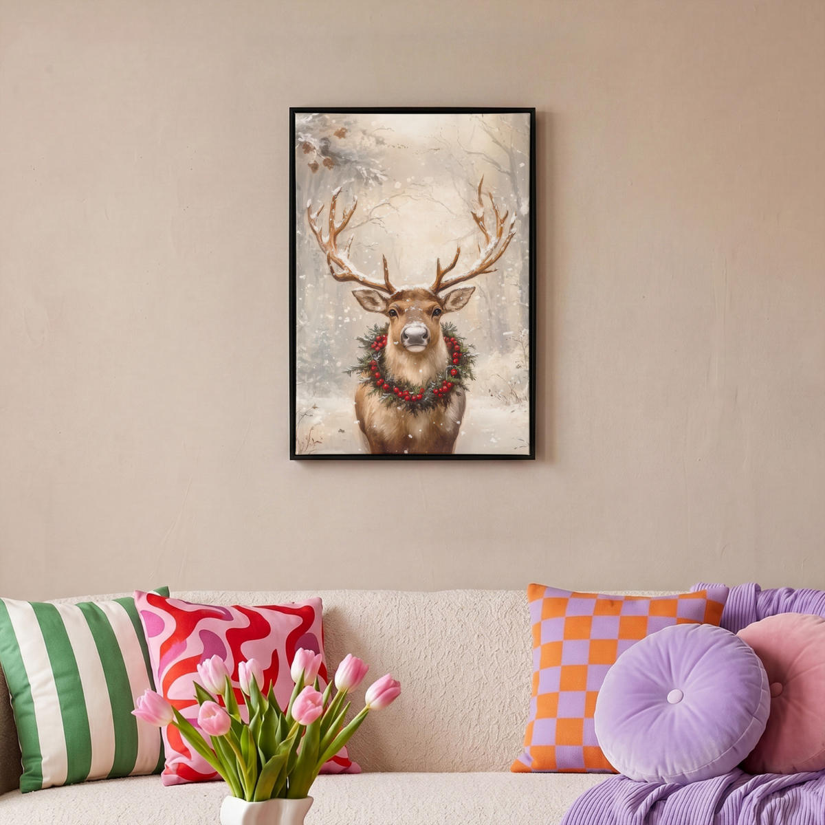 LEINWAND Bilder mit Rahmen - Weihnachten - Rentier - Winter - Kranz - 40x60 - Naturfarben, Textil (40/60cm) - MuchoWow