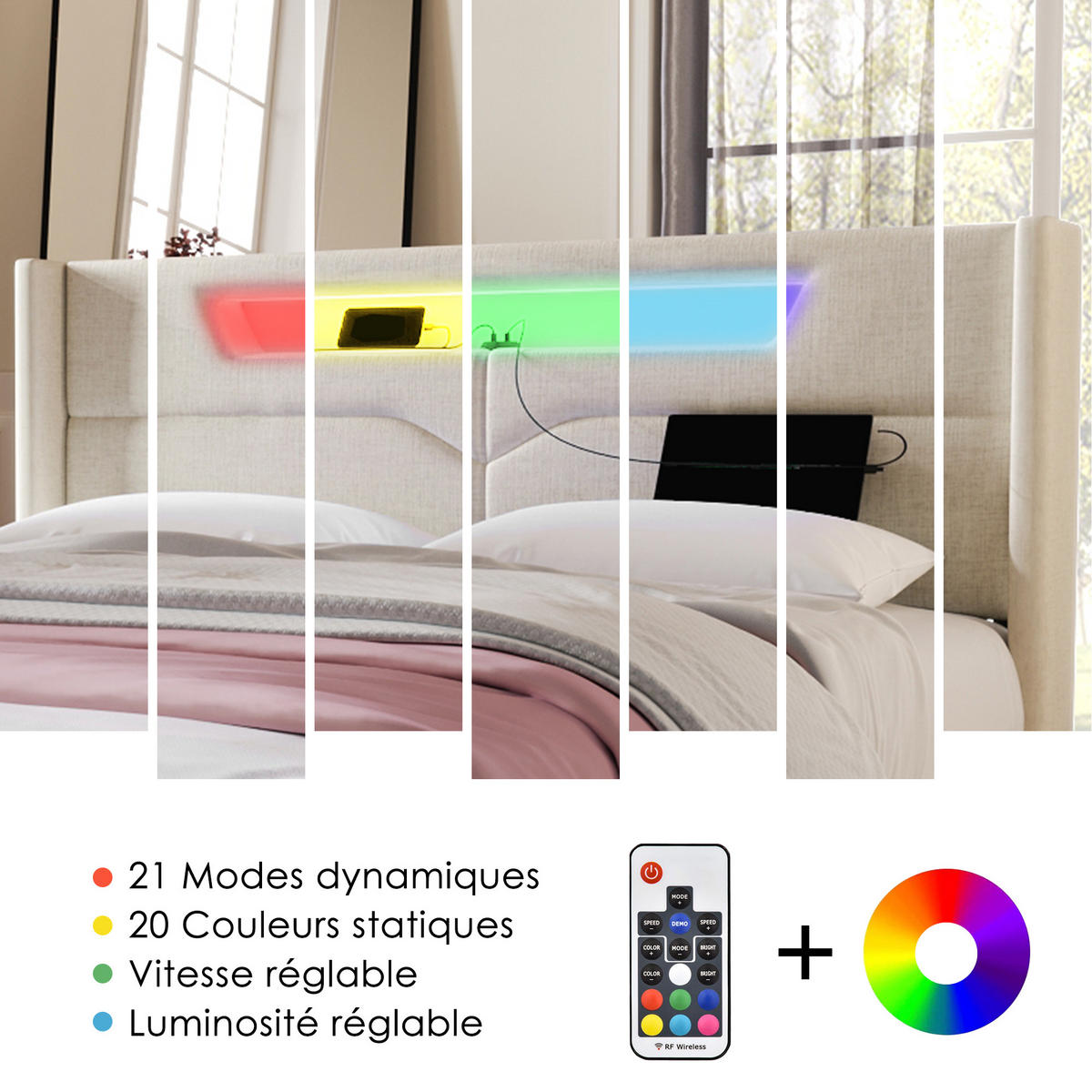 POLSTERBETT 160/200 cm in Beige Leinen mit Bettkasten, LED und USB Type-C - Beige, Holzwerkstoff/Textil (160/200cm) - WISHDOR
