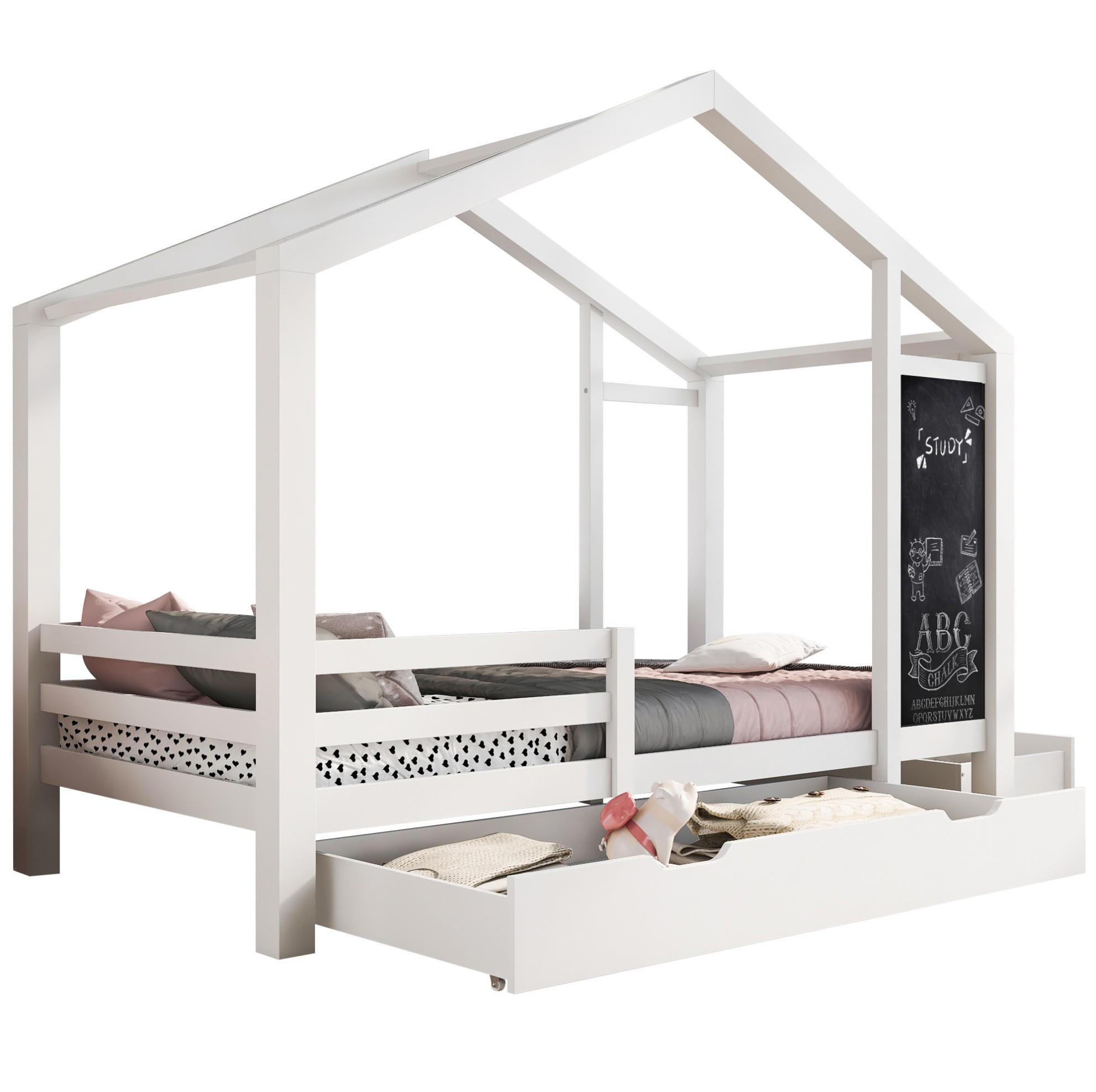 OKWISH DĚTSKÁ postel domeček 90/200 cm bílá z masivní borovice s tabulí a 2 zásuvkami