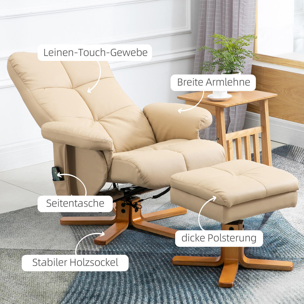 MASSAGESESSEL DE-06330 Mit Hocker, 145° neigbar Cremeweiß - Creme, Metall (86/99/80cm) - ComfortXL