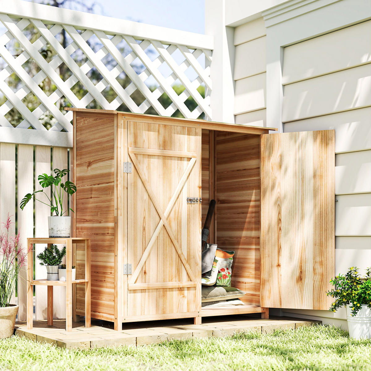 GARTENSCHRANK Holz, Geräteschuppen wetterfest 140 x 75 x 157cm, Gerätehaus - Naturfarben, Holz (75/157/140cm) - Outsunny