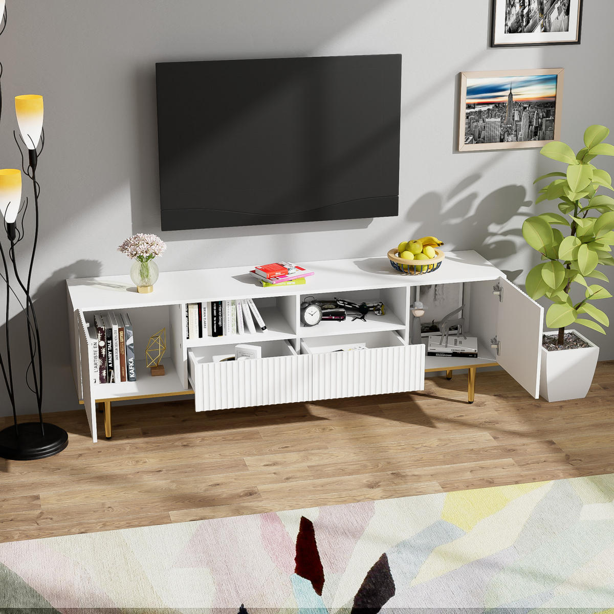 TV Lowboard goldene Füße, Stauraum, Weiß - Weiß, Holz (165/55/36cm)