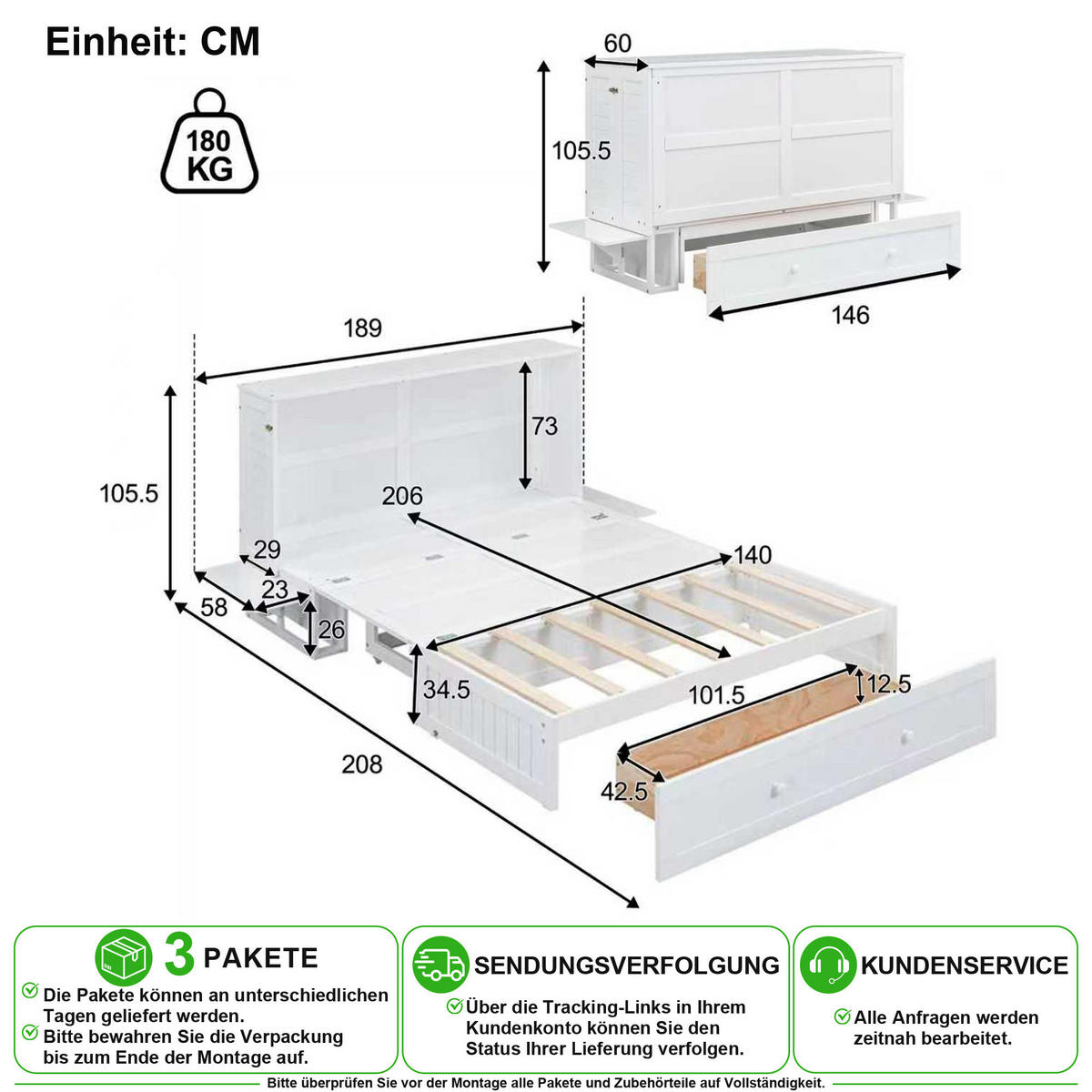 SCHRANKBETT 140/200 cm in Weiß mit Schublade und Regal - Weiß, Holz/Holzwerkstoff (140/200cm) - CHICFURN