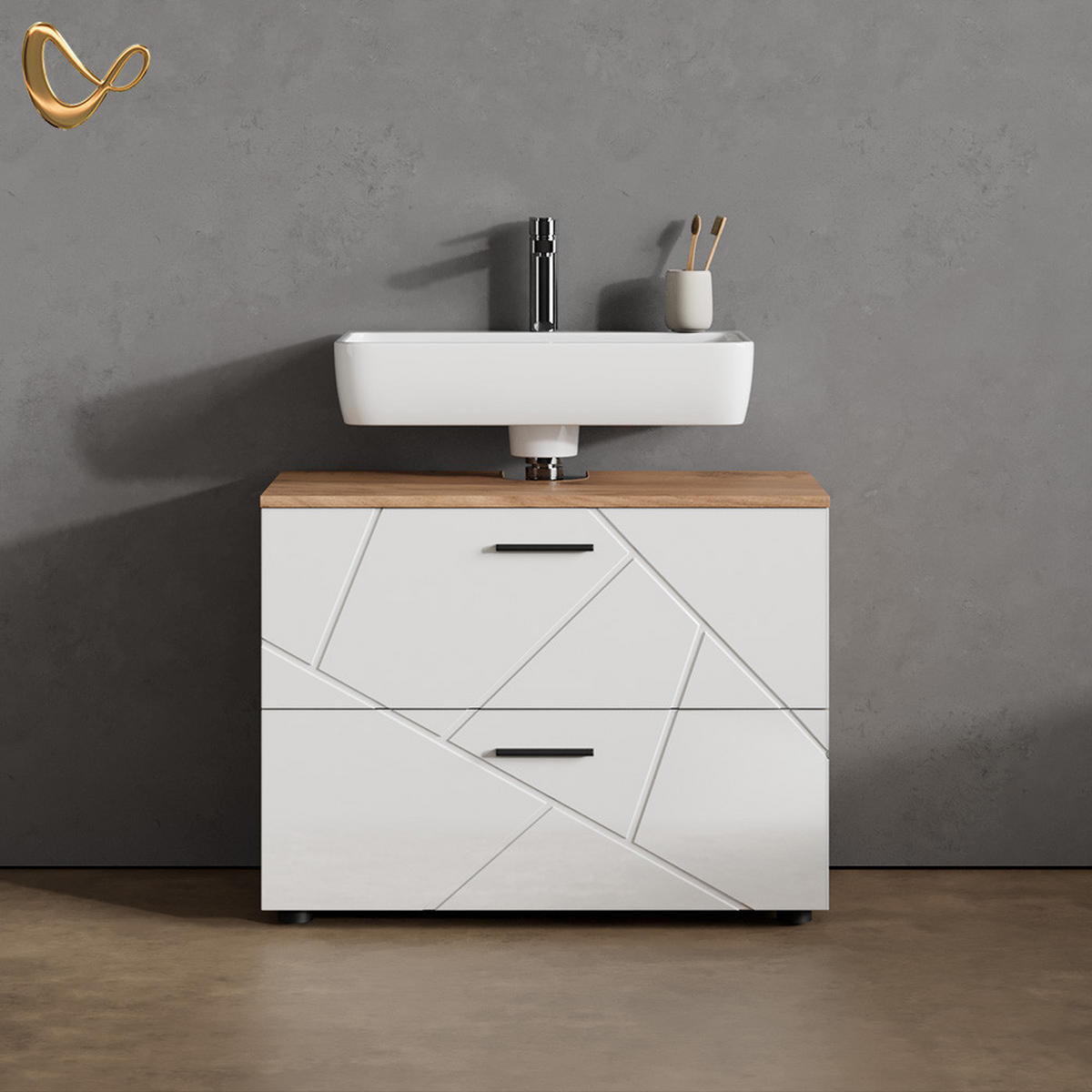 WASCHBECKENUNTERSCHRANK Ronco Weiß Hochglanz/Goldkraft Eiche 80 x 58.6 cm - Honigeiche/Weiß Hochglanz, Holzwerkstoff (80/58.6/41cm) - Livinity®