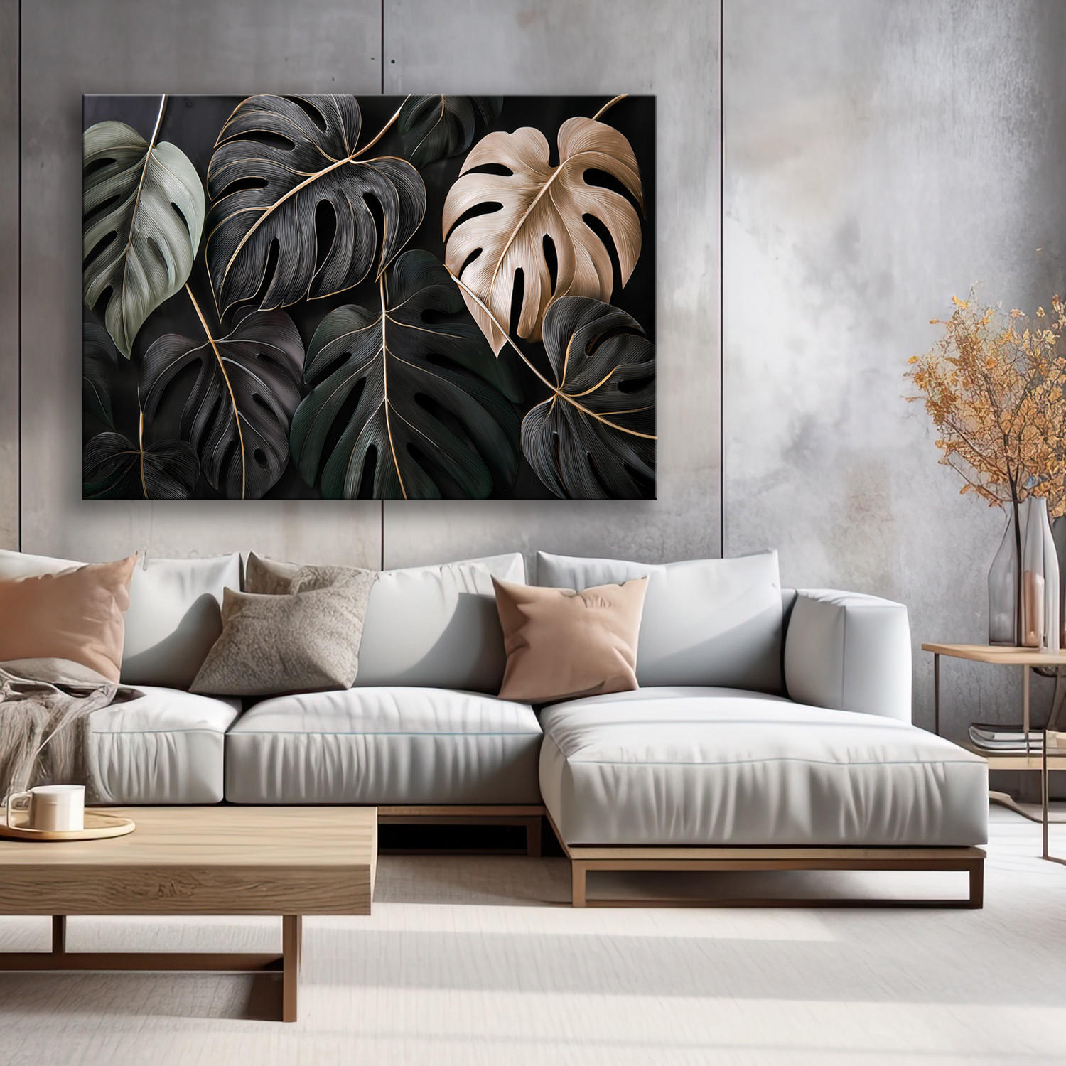 WANDBILD monstera hinterlässt tropische pflanzen - Schwarz, Textil (60/40cm) - Feeby