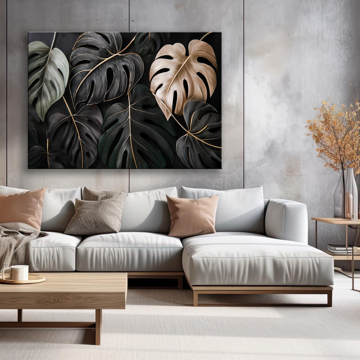 WANDBILD monstera hinterlässt tropische pflanzen - Schwarz, Textil (60/40cm) - Feeby