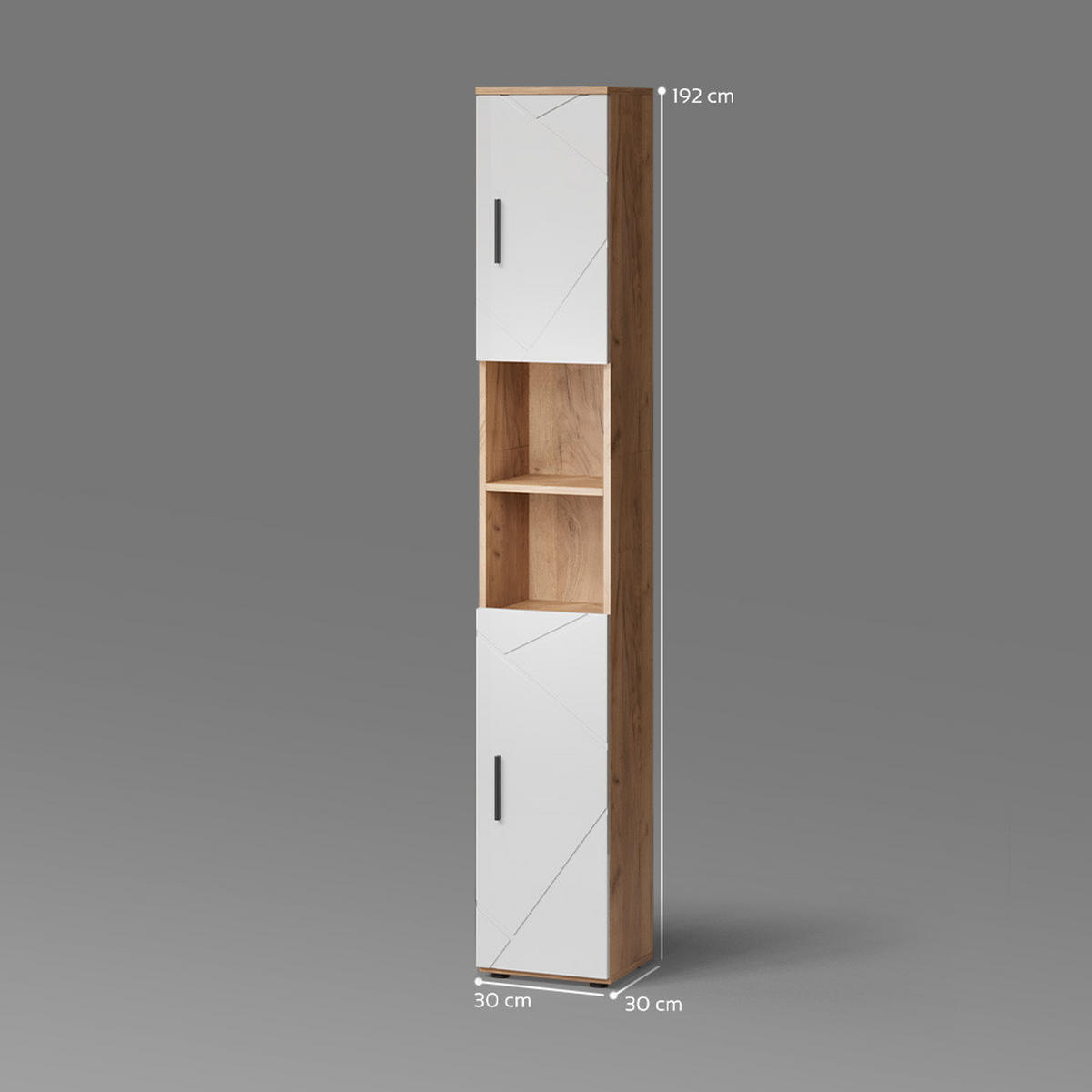 BADSCHRANK Ronco Weiß Hochglanz/Goldkraft Eiche 30 x 192 cm mit Türen, und offenen Fächern - Weiß Hochglanz/Eiche Wotan, Holzwerkstoff (30/192/30cm) - Livinity®