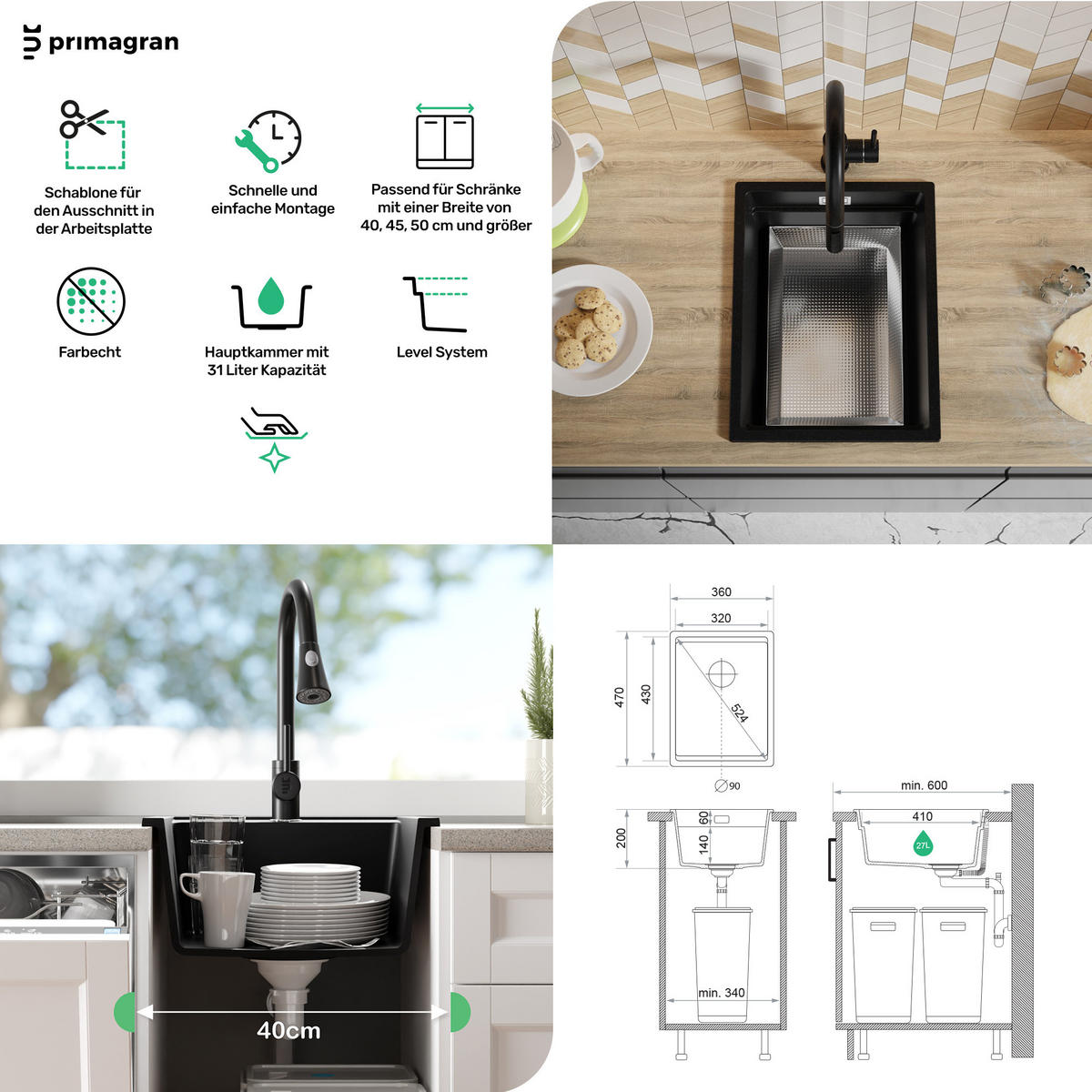 SPÜLBECKEN Praga Slim, 2-er set Anthrazit 36/47 cm 1 Becken + Ablauf-Set + Aufrollbare Abtropffläche ab 40er Unterschrank - Chromfarben/Anthrazit, Kunststoff (36/20/47cm) - Primagran