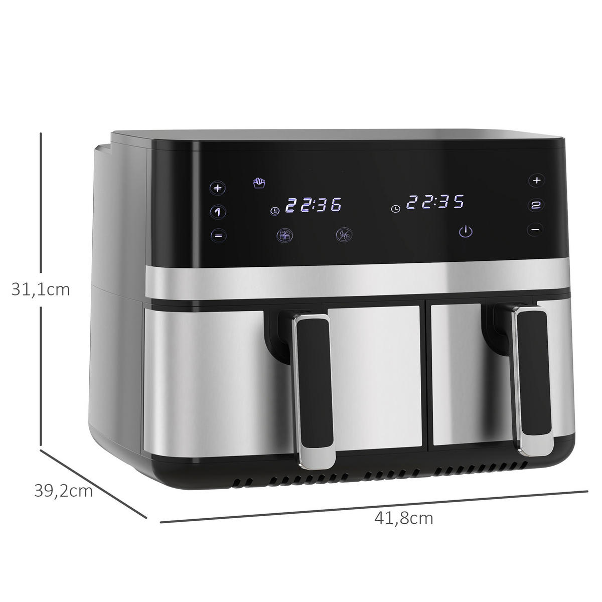 HEISSLUFTFRITTEUSE DE-07932 2 Körbe (5,2 L & 3,3 L), 8 Programme Schwarz+Silber - Schwarz, Metall (39.2/31.1/41.8cm) - ComfortXL