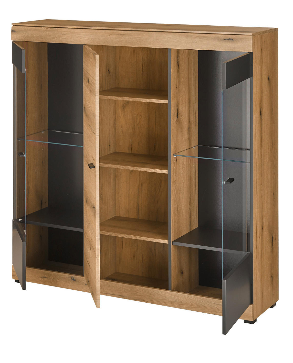 HIGHBOARD in Eiche, grau 140 x 141 cm, Vitrine mit Soft-Close - Kaschmir/Eichefarben, Glas/Holzwerkstoff (140/141/35cm) - Furn.Design