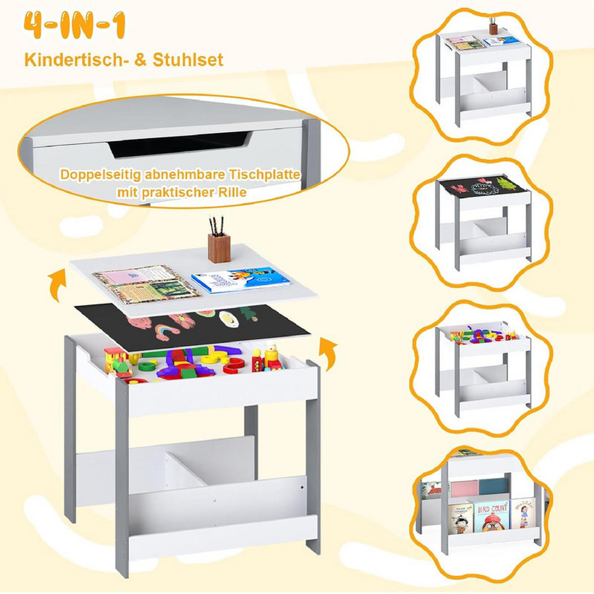 KINDERTISCH mit Stuhl hellgrau(3-tlg) - Hellgrau, Holzwerkstoff (62/56.5/62cm) - COSTWAY
