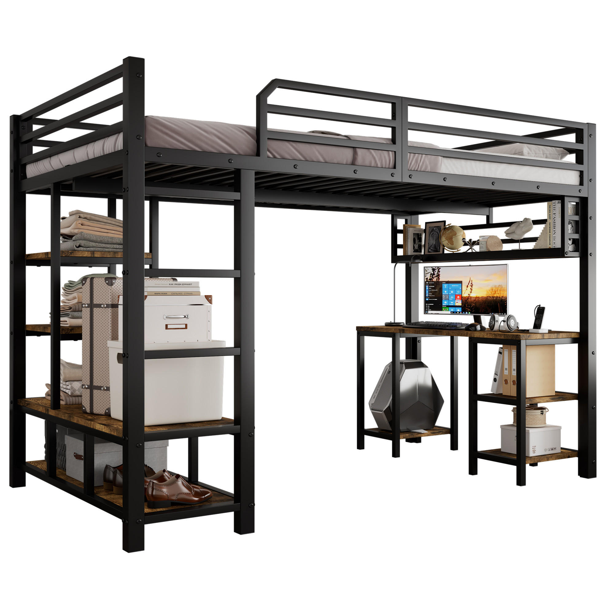 HOCHBETT aus Metall und Holzwerkstoff 120x200 cm Schwarz/Dunkler Walnuss mit Schreibtisch, Ablagefläche und 4-stufiger Leiter - Schwarz, Metall (120/200cm) - Modfu