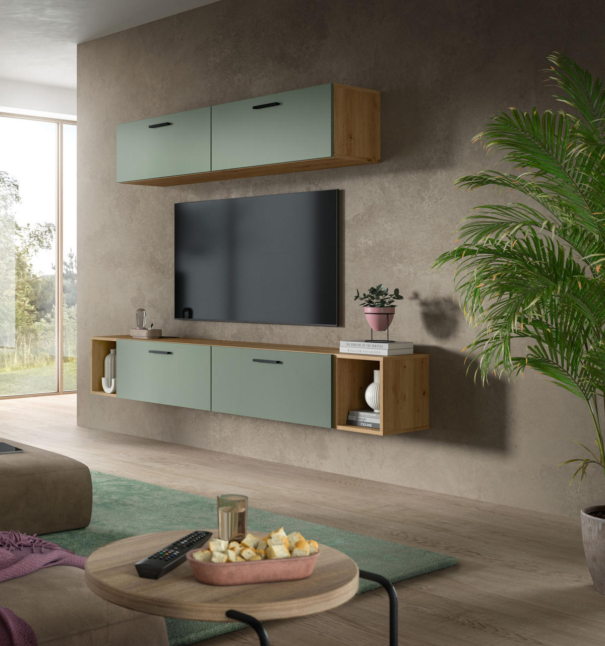 WOHNKOMBINATION THE ONE (B/H/T: ca. 202/184/34 cm) in Artisan Oak Nachbildung/Smoke Green - Eiche Artisan, Holzwerkstoff (202/184/34cm)