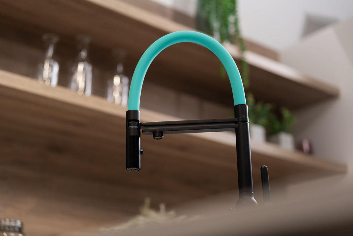 4-WEGE-KÜCHENARMATUR, Schwarz Matt und Türkis, 2-Strahl-Brause - Schwarz, Metall (20.61/48/20.61cm) - VIZIO