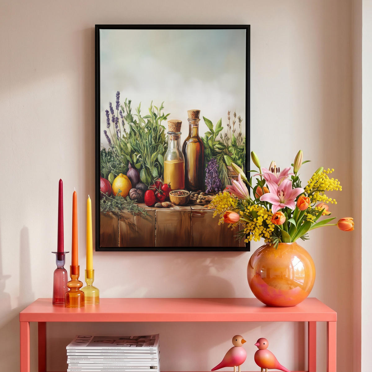 LEINWAND Bilder mit Rahmen - Stilleben - Kräuter - Gewürze - Früchte - Farbenfroh - 40x60 - Grün, Textil (40/60cm) - MuchoWow