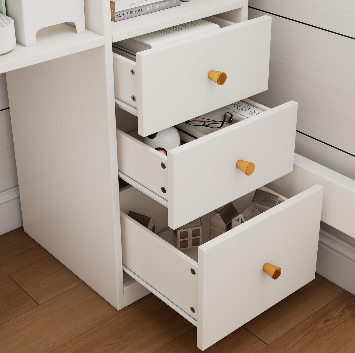 HOCHBETT 90/200 cm in Weiß mit Schreibtisch, Regalen, Schubladen und USB-Ladebereich - Weiß, Holzwerkstoff (90/200cm) - Flora Grace