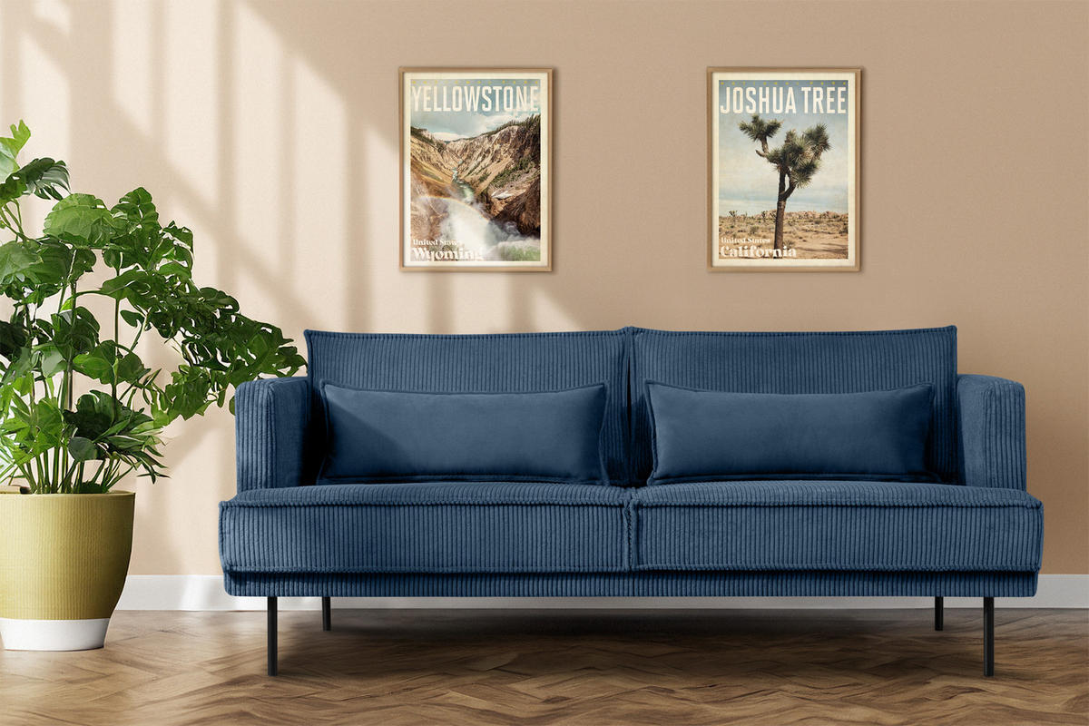 3-SITZER-SOFA GANZO 2 Kissen inklusive, Cord-Stoff, marineblau - Blau/Schwarz, Textil/Metall (193/84/92cm) - KONSIMO®