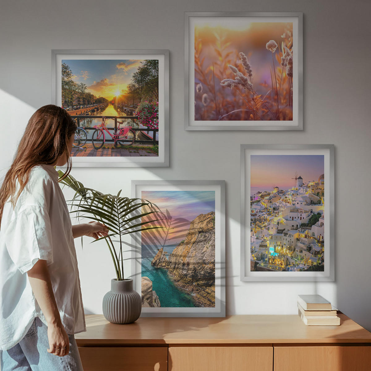 BILDER SET 4er Set - 50x50 cm & 40x60 cm Silberner Rahmen - Sonnenuntergänge am Meer - Silberfarben, Kunststoff (50/50cm) - TULUP