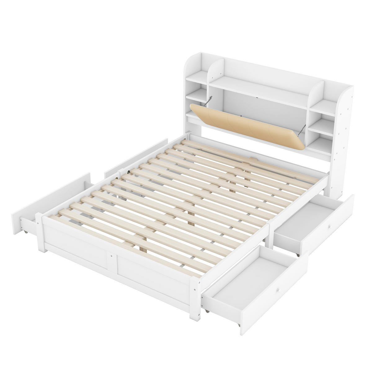 BETT 160/200 cm weiß mit vier Schubladen und aufklappbarem Kopfteil - Weiß, Holz (160/200cm) - OKWISH