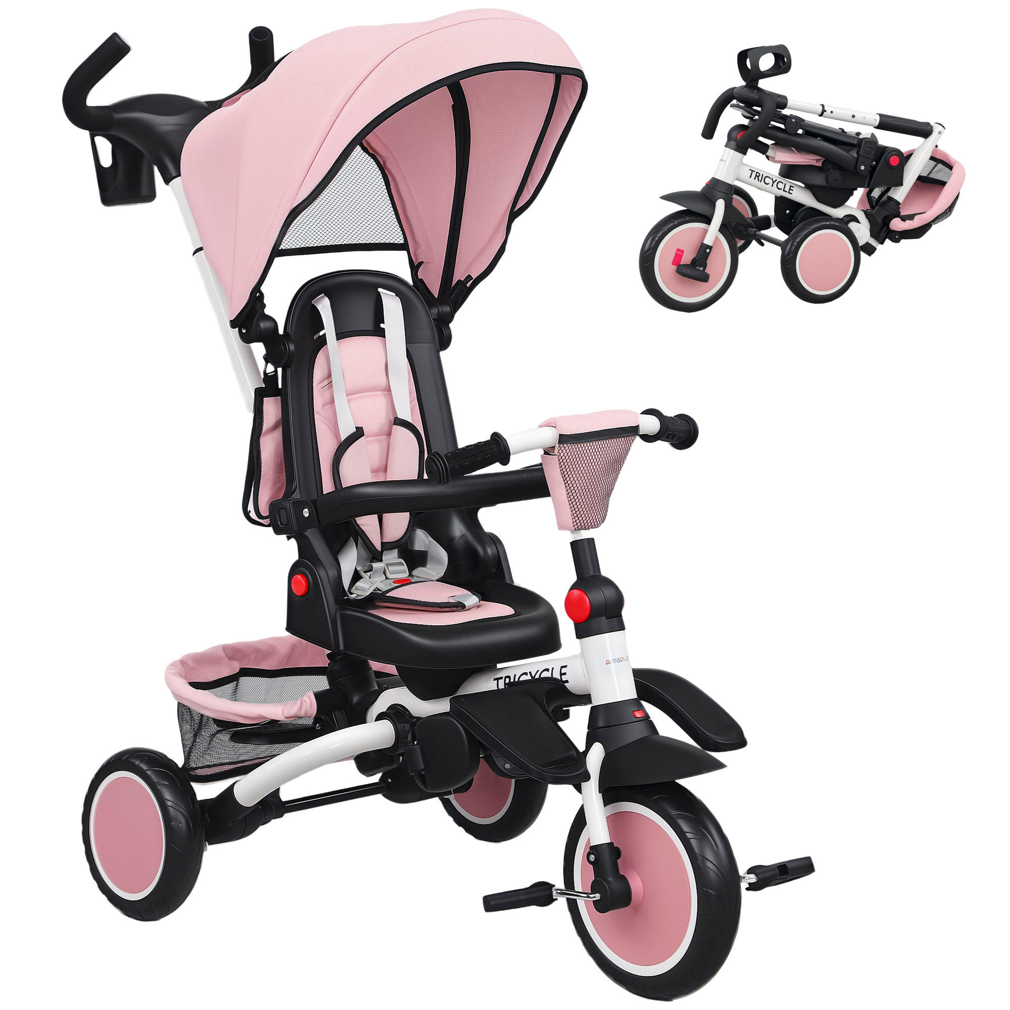 KINDERDREIRAD DE-10488 6-in-1 Buggy mit Schiebegriff Schwarz - Pink, Metall (111.5/52/98cm) - ComfortXL
