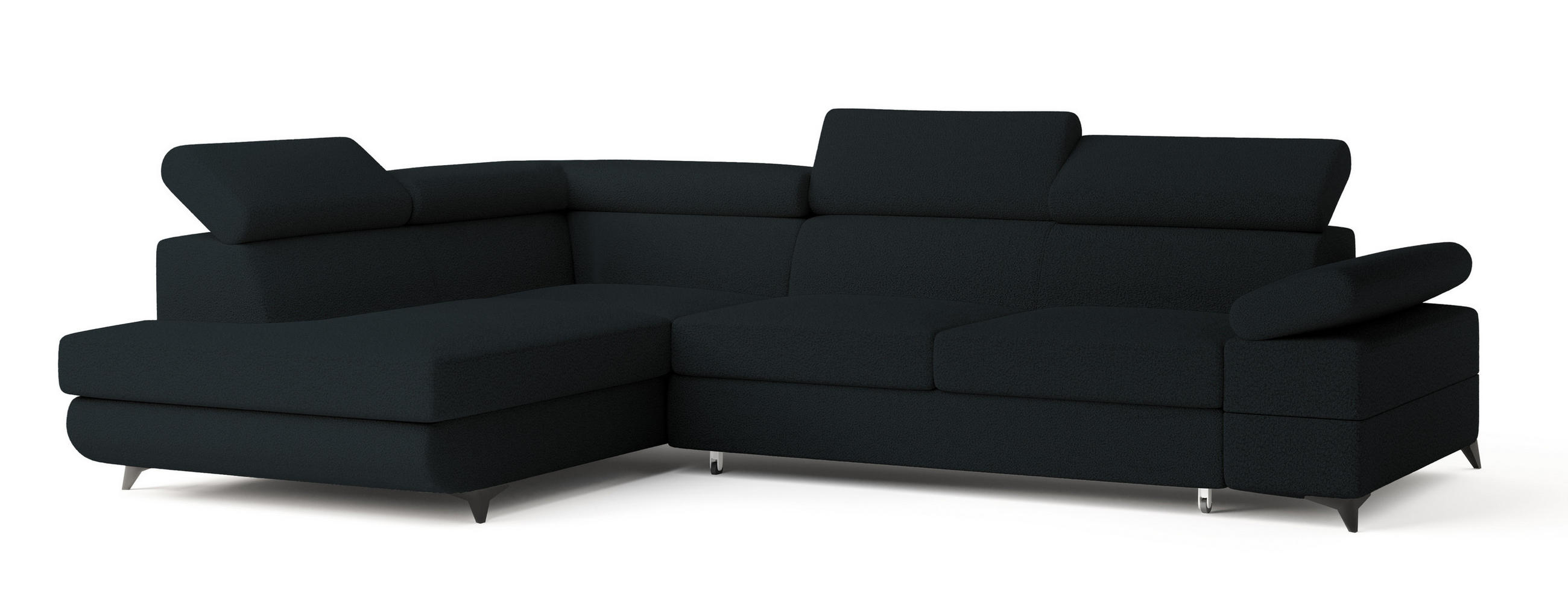 ECKSOFA FAVIEN L-S Schwarz Boucle-Stoff mit Schlaffunktion - Schwarz, Holz (257/190cm) - MASSENO