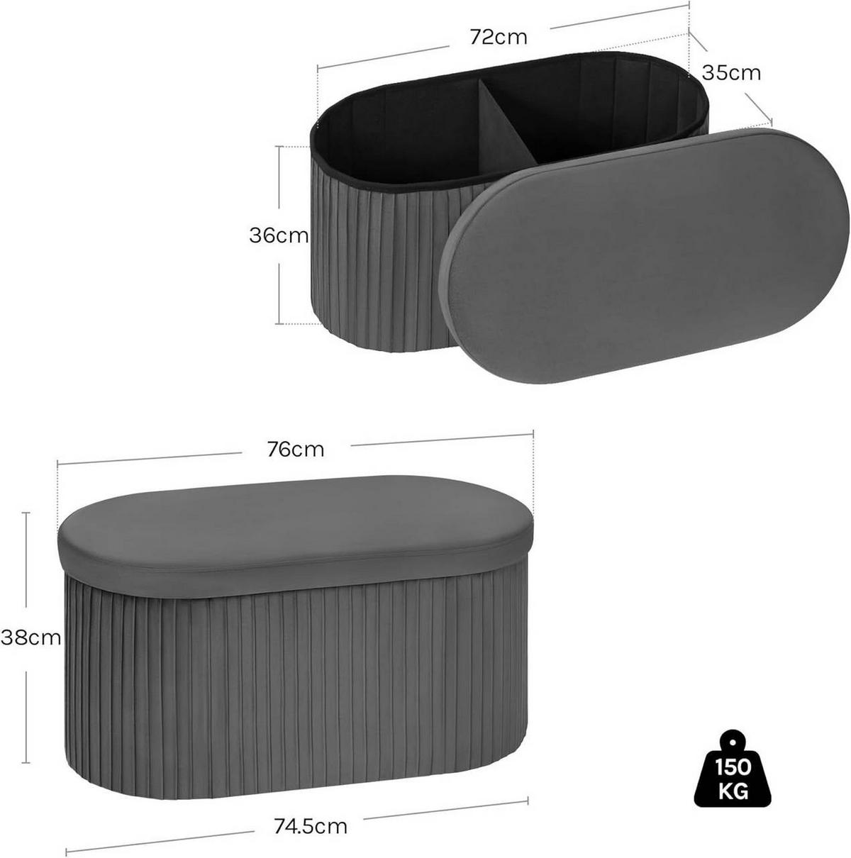 SITZHOCKER mit Deckel Stauraum, 76x38x38 cm, Dunkelgrau - Dunkelgrau, Textil (78/38/38cm) - Woltu