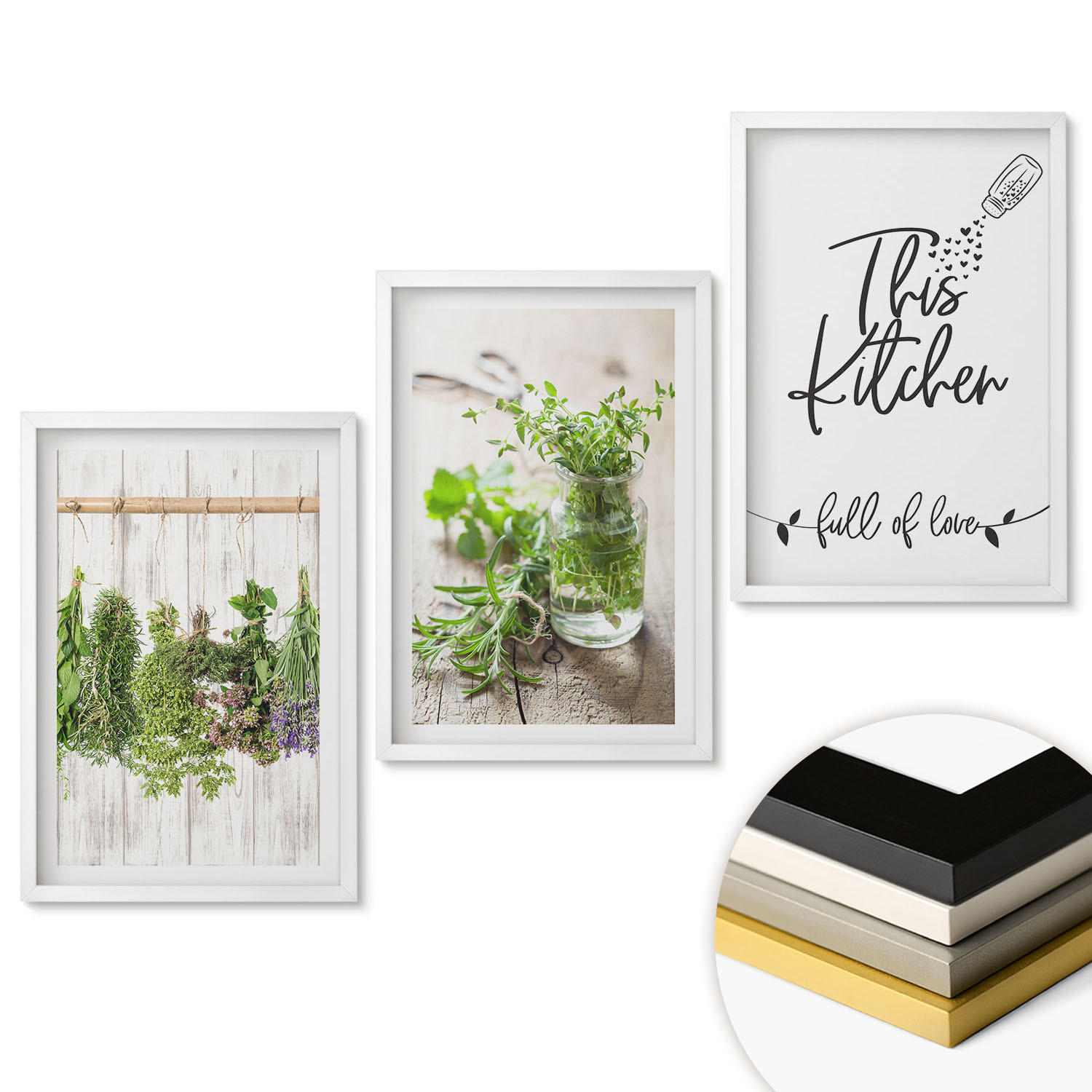 WANDBILDER 3er-Set - 40x60 cm Weißer Rahmen - Küchenthema: Getrocknete Kräuter - Weiß, Kunststoff (40/60cm) - ArtPrintCave