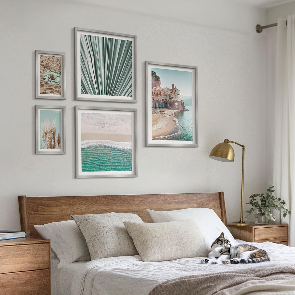 WANDBILDER 5er Set - 50x50 cm & 20x30 cm & 40x60 cm Silberner Rahmen - Strandwellen Grashut - Silberfarben, Kunststoff (40/60cm) - ArtPrintCave