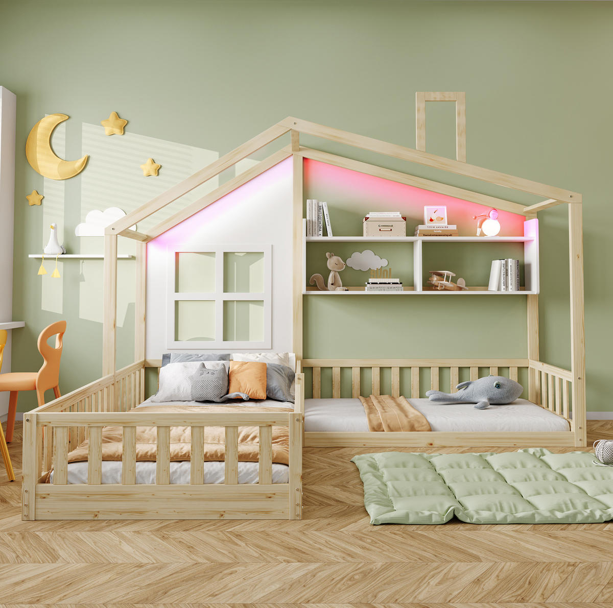 HAUSBETT 90/200 cm in Natur/Weiß aus Massivholz/MDF mit LED und Regalen - Naturfarben, Holz (90/200cm) - OKMYHOME