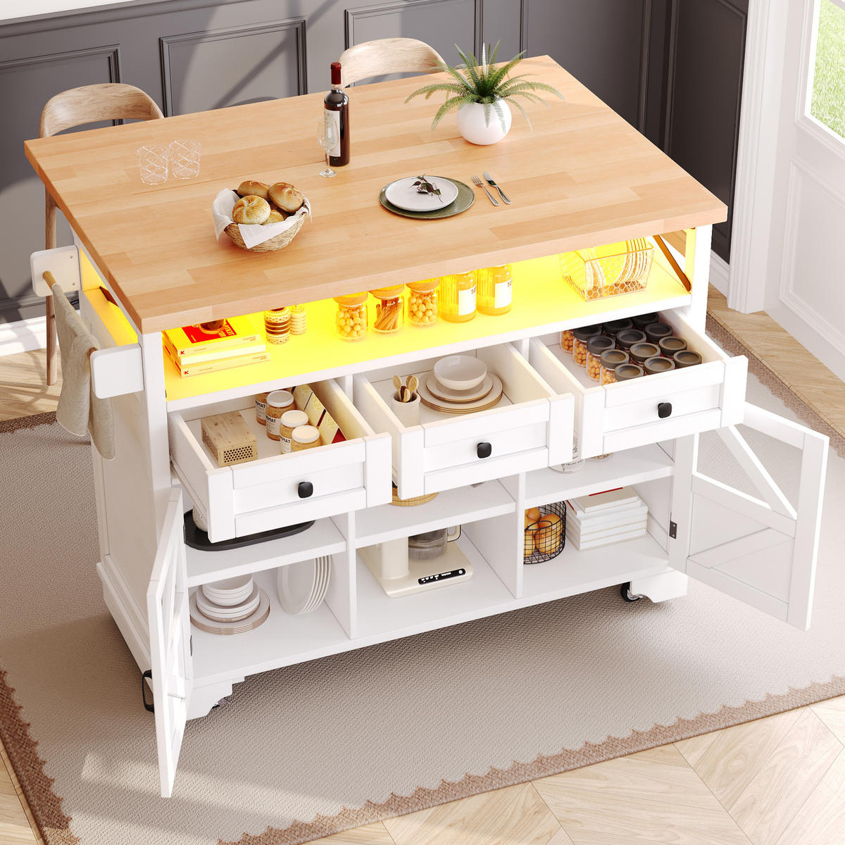 KÜCHENWAGEN mit Klapptisch, LED und Stauraum 120 cm Weiß - Weiß, Holz (71/98/120cm) - Beauniv