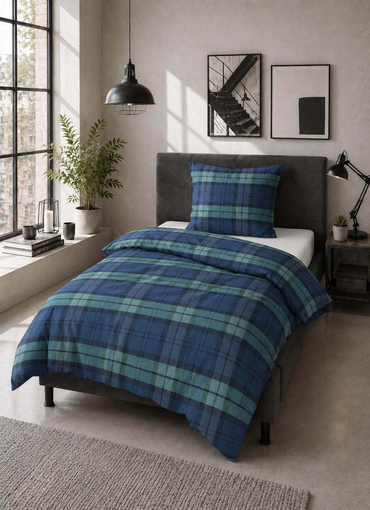BETTWÄSCHE-GARNITUR Biber Karo Klein saphir, 155x220 cm + 80x80 cm - Dunkelblau, Textil (155/220cm) - Castell