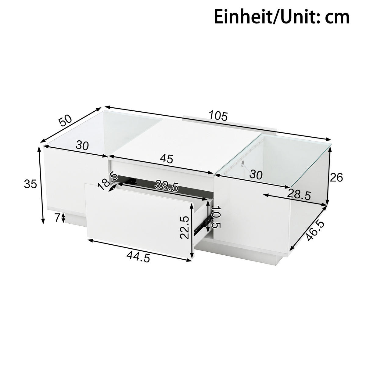 COUCHTISCH 105/50/35 cm weiß aus Spanplatte mit LED-Beleuchtung und Stauraum - Weiß, Holzwerkstoff (105/50/35cm) - OKMYHOME