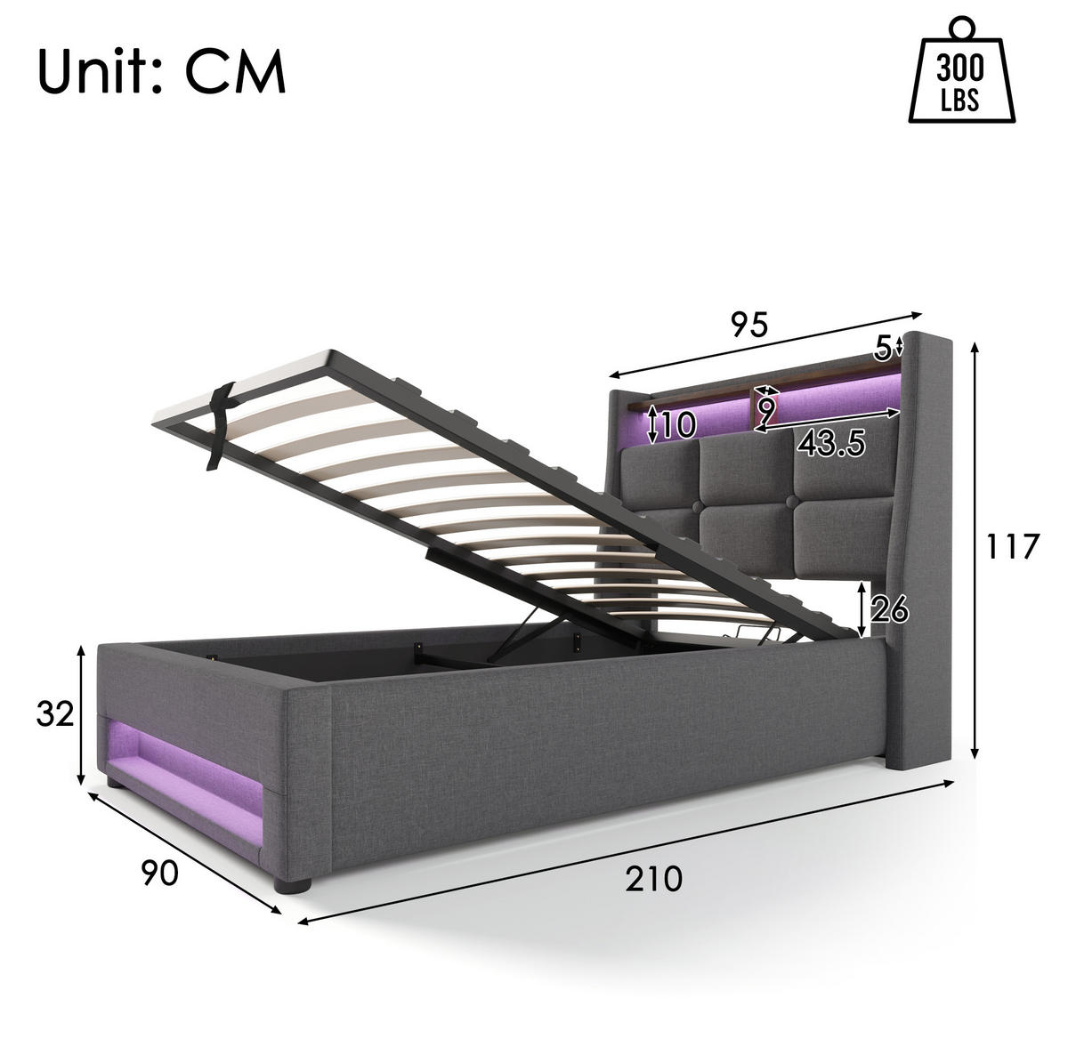 POLSTERBETT aus Leinen 90x200 cm in Grau mit LED-Beleuchtung & USB - Grau, Textil (90/200cm) - Modfu